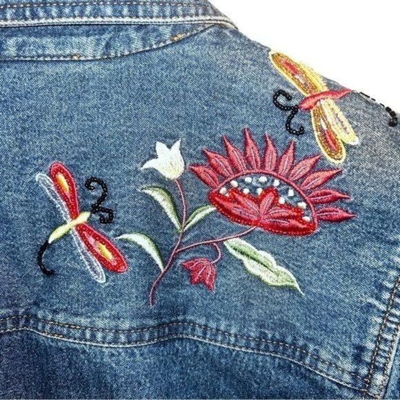 The Quacker Factory Embroidered Denim Jacket Floral & Butterfly Design Size M - Picture 4 of 14